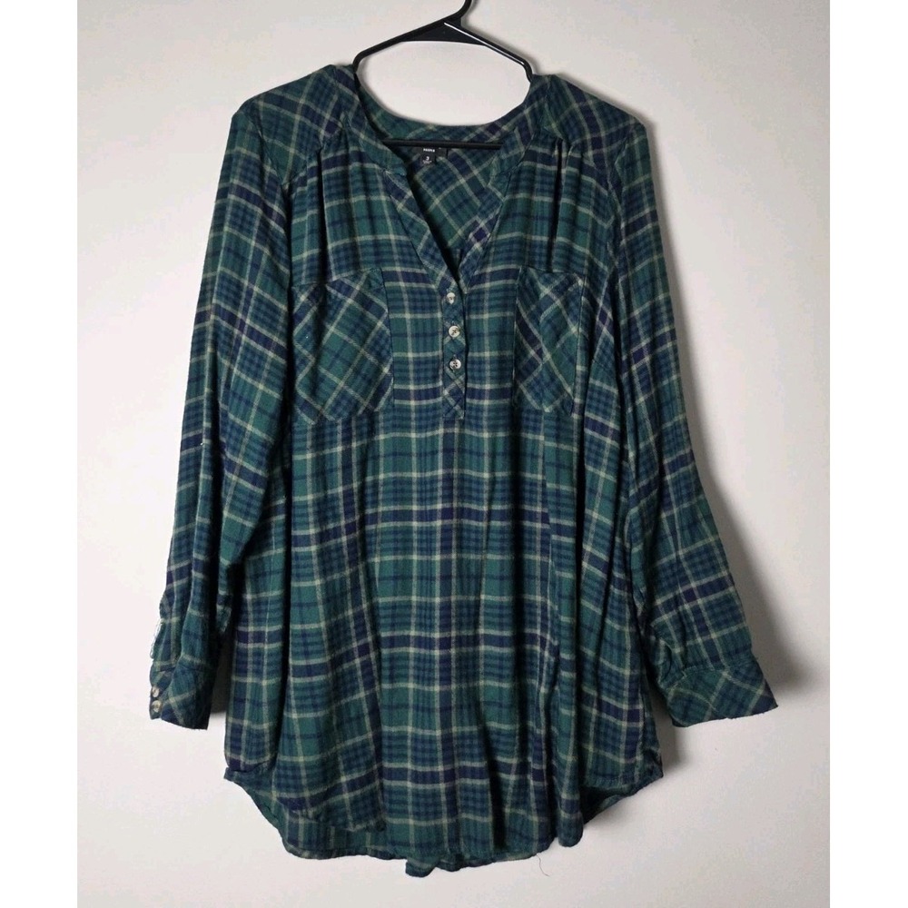 Torrid Harper Blouse Plus Size 3X Blue Green Plaid Long Sleeve V-Neck Pockets